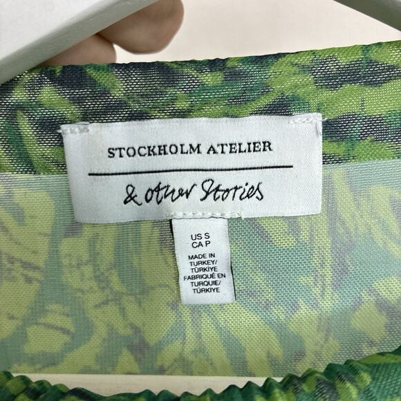 & Other Stories Long Sleeve Pleated Mesh Green Midi Dress S - Picture 13 of 13